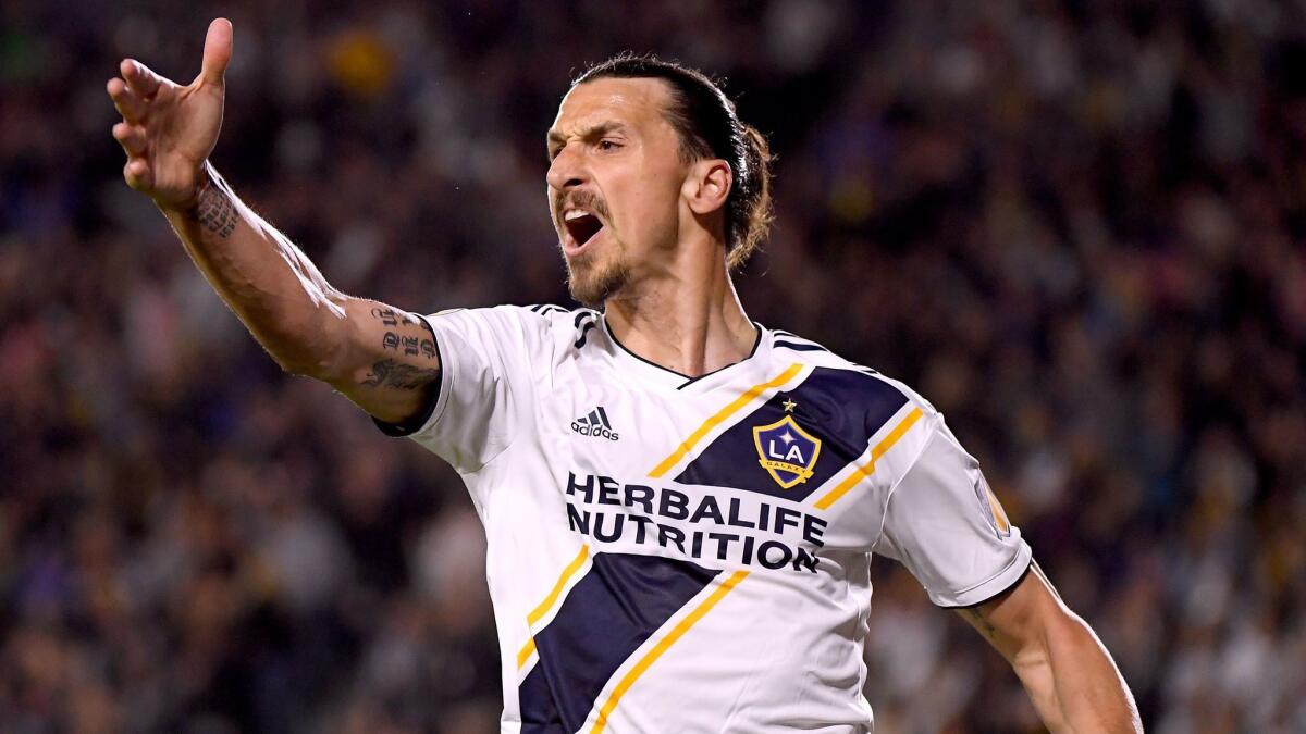 Zlatan Ibrahimovic reacts as his goal is negated by an offside call during a game against the New York Red Bulls on April 28.