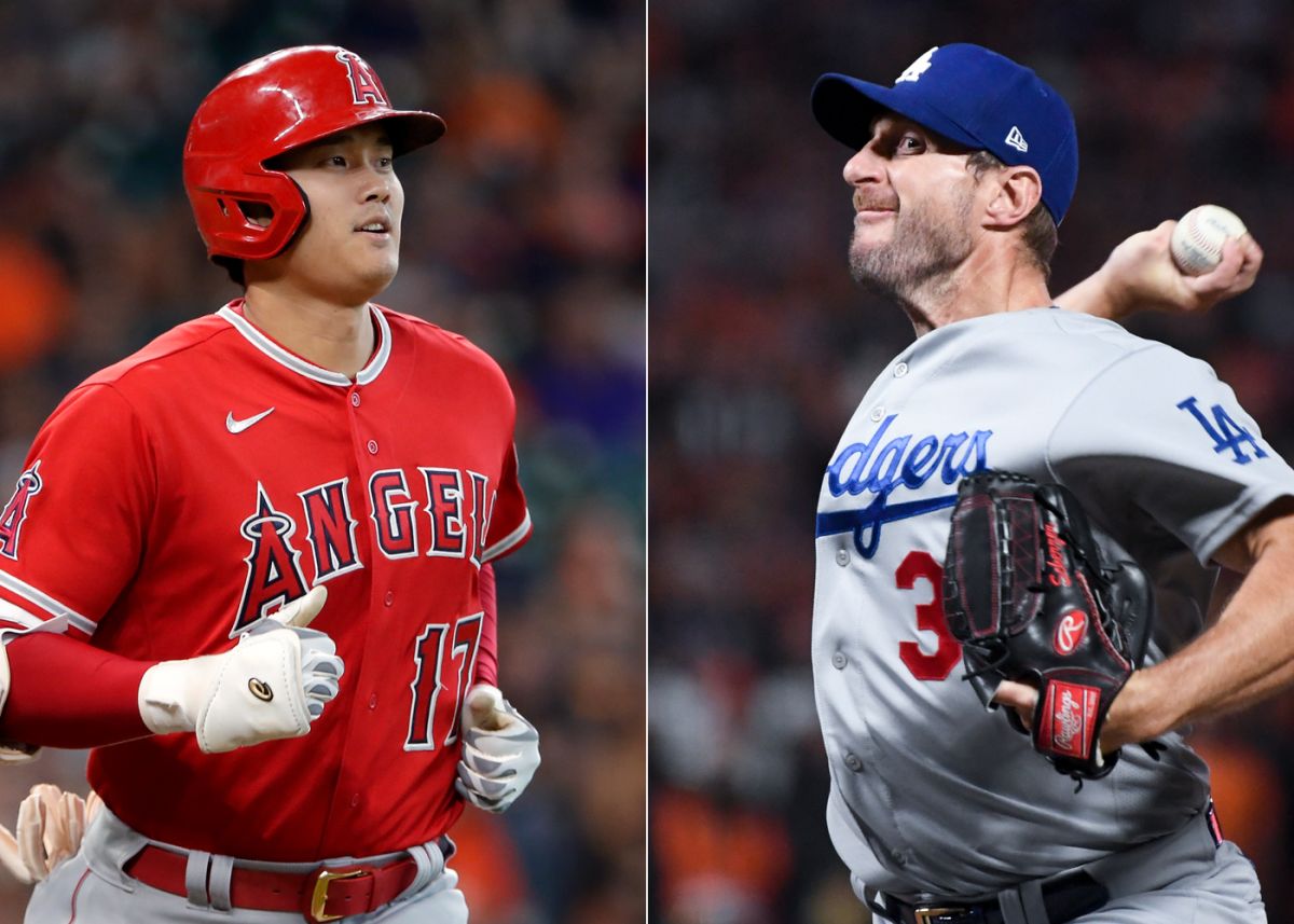 Angels two-way star Shohei Ohtani, left, and Dodgers starting pitcher Max Scherzer.