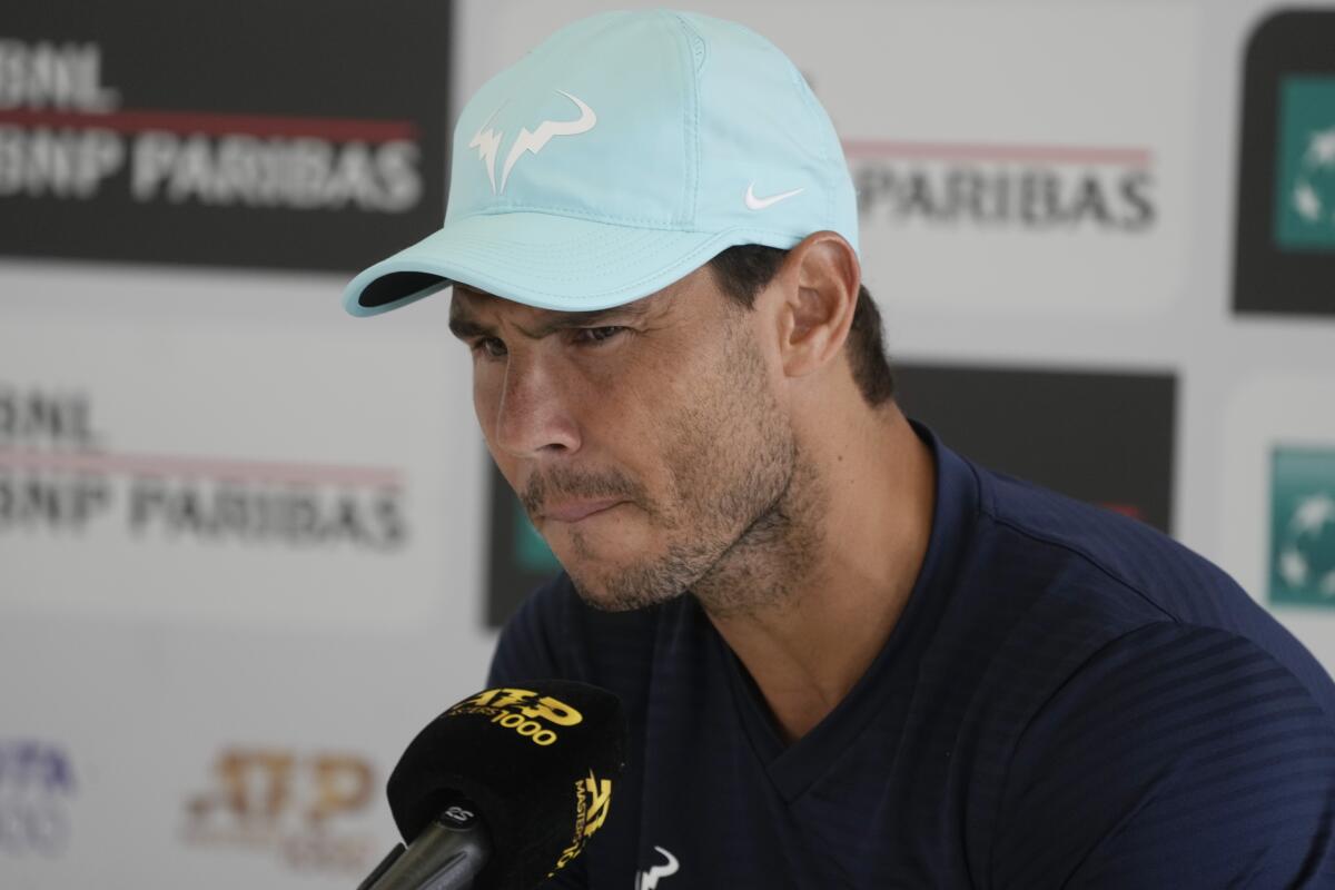 Spain's Rafael Nadal talks to journalists during a press conference at the Italian Open tennis tournament, in Rome, Monday, May 9, 2022. (AP Photo/Gregorio Borgia)