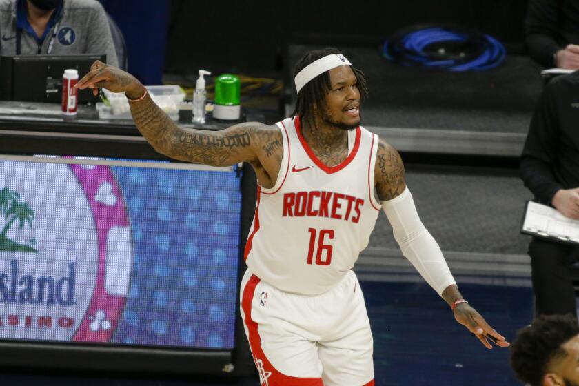 Houston Rockets guard Ben McLemore plays against the Minnesota Timberwolves during an NBA basketball game Friday, March 26, 2021, in Minneapolis. (AP Photo/Andy Clayton-King)
