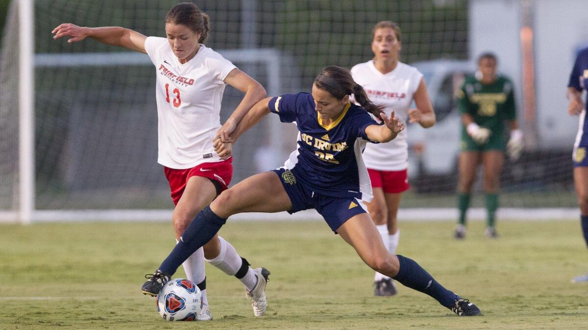 Kelsey Texeira, second from left, scored the game-winning goal in overtime to lift UCI to a 2-1 win over San Jose State on Friday.