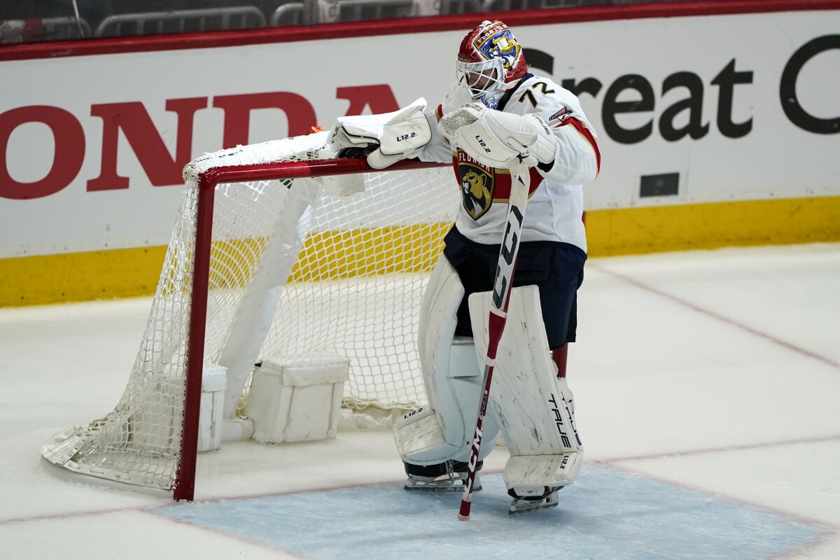 Florida Panthers goaltender Sergei Bobrovsky reacts after allowing a goal by Washington Capitals left wing Alex Ovechkin during the third period of Game 3 in the first-round of the NHL Stanley Cup hockey playoffs, Saturday, May 7, 2022, in Washington. The Capitals won 6-1. (AP Photo/Alex Brandon)