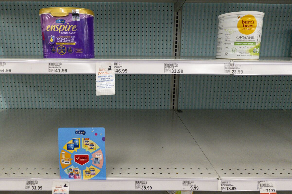 FILE - Baby formula is displayed on the shelves of a grocery store in Carmel, Ind. on May 10, 2022. A bill introduced early June, 2022, would require the Food and Drug Administration to inspect infant formula facilities every six months. U.S. regulators have historically inspected baby formula plants at least once a year, but they did not inspect any of the three biggest manufacturers in 2020. (AP Photo/Michael Conroy, File)