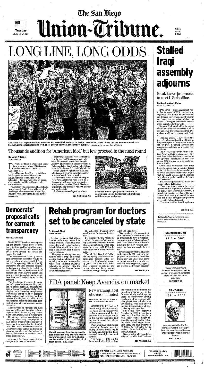 The front page of The San Diego Union-Tribune,  July 31, 2007"