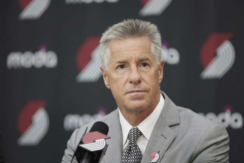 General nanager Neil Olshey talks to media after announcing Chauncey Billups as the head coach of the Portland Trail Blazers at the team's practice facility in Tualatin, Ore., Tuesday, June 29, 2021. (AP Photo/Craig Mitchelldyer)