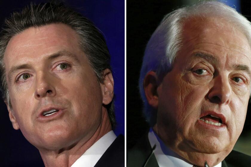 FILE - This combination of March 8, 2018, photos shows California gubernatorial candidates Lt. Gov. Gavin Newsom, left, a Democrat and Republican businessman John Cox in Sacramento, Calif. Cox and Newsom is debating Monday morning, Oct. 8, at San Francisco public radio station KQED. The hour-long session will not be televised but will be offered to radio stations to broadcast around the state. (AP Photos/Rich Pedroncelli, File)