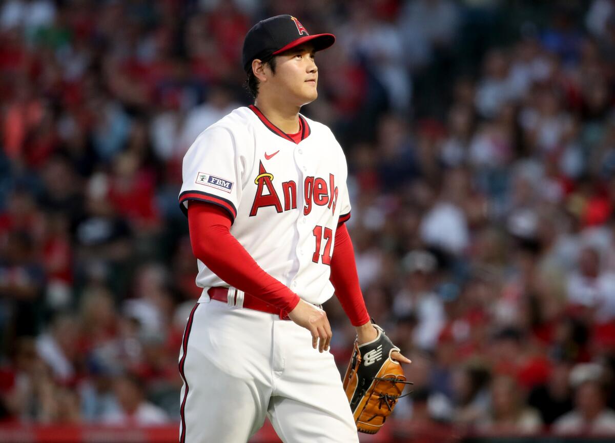 Shohei Ohtani walks off the mound during a game between the Angels and Pittsburgh Pirates on July.