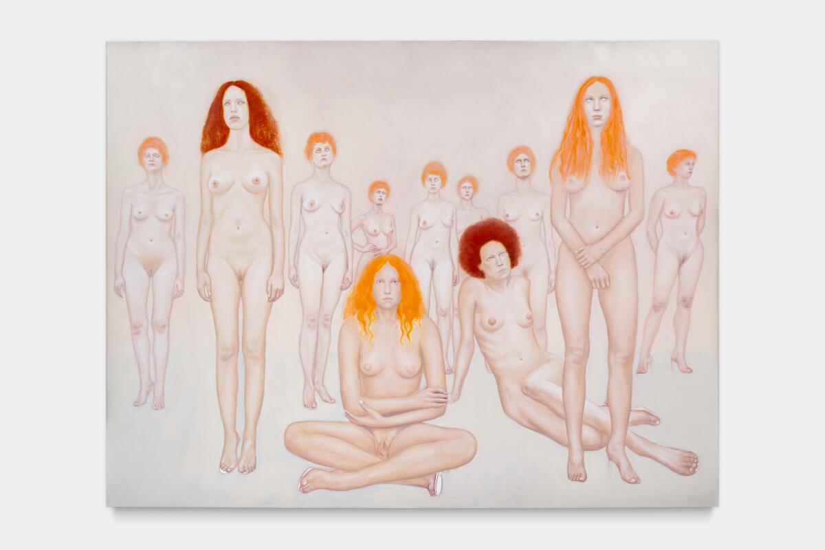 A painting of nude women with red hair sitting and standing in a group.