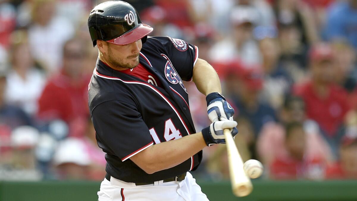 Nationals outfielder Chris Heisey batted a career-low .182 last season when playing for the Dodgers.