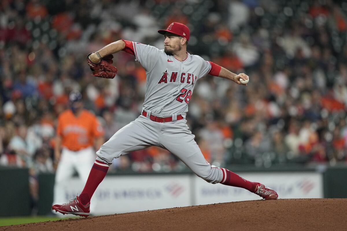 Angels starting pitcher Andrew Heaney throws against the Houston Astros during the first inning April 23, 2021.