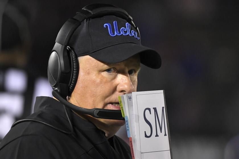 UCLA head coach Chip Kelly stands on the sideline during the second half of an NCAA college football game against California Saturday, Nov. 30, 2019, in Pasadena, Calif. California won 28-18. (AP Photo/Mark J. Terrill)