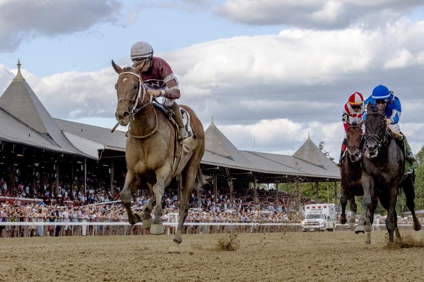 FILE - Epicenter, left, with jockey Joel Rosario, wins the Jim Dandy Stakes horse race at Saratoga Race Course on July 30, 2022, in Saratoga Springs, N.Y. The Belmont Stakes could be relocated to Saratoga Race Course in upstate New York in 2024 and 2025. That's one year earlier than the New York Racing Association originally anticipated because of renovations to Belmont Park. (Skip Dickstein/The Albany Times Union via AP, File)