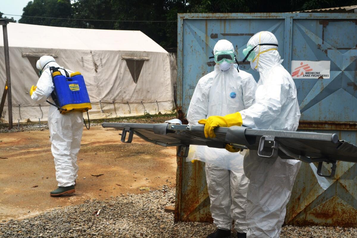 Red Cross health workers in Guinea carry a stretcher at the NGO Medecins Sans Frontieres Ebola treatement center in Conakry.