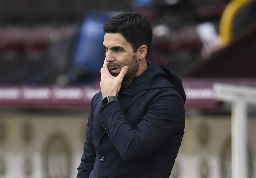 Arsenal's manager Mikel Arteta reacts during the English Premier League soccer match between Burnley and Arsenal at Turf Moor stadium in Burnley, England, Saturday, March 6, 2021.(Peter Powell/Pool via AP)