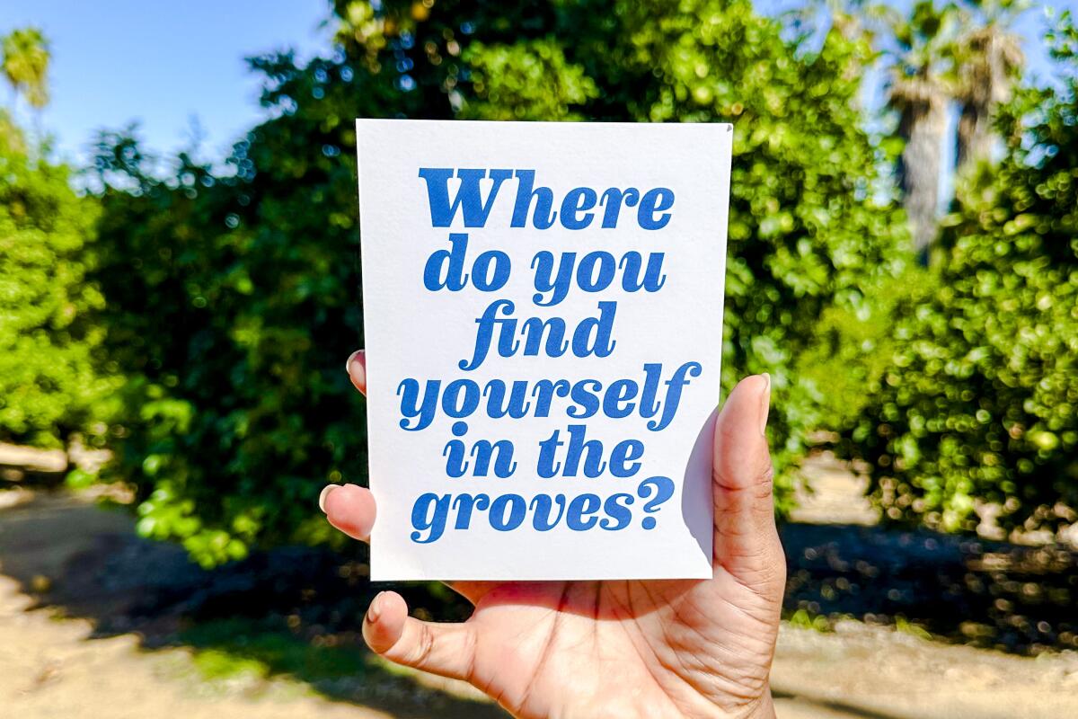 A hand holds a card that says "Where do you find yourself in the groves?" in the California Citrus Historic State Park.