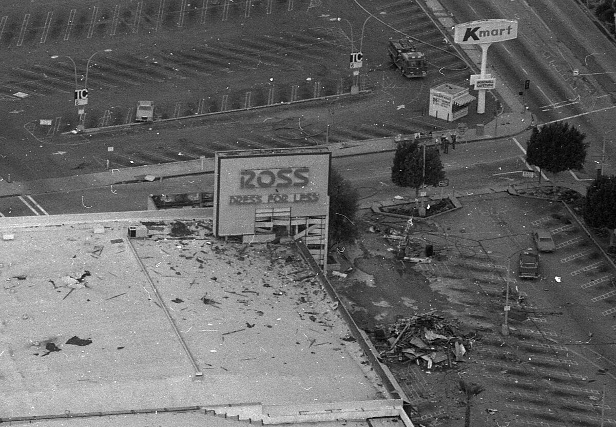 Aerial view of damage from 1985 methane explosion in L.A.'s Fairfax district