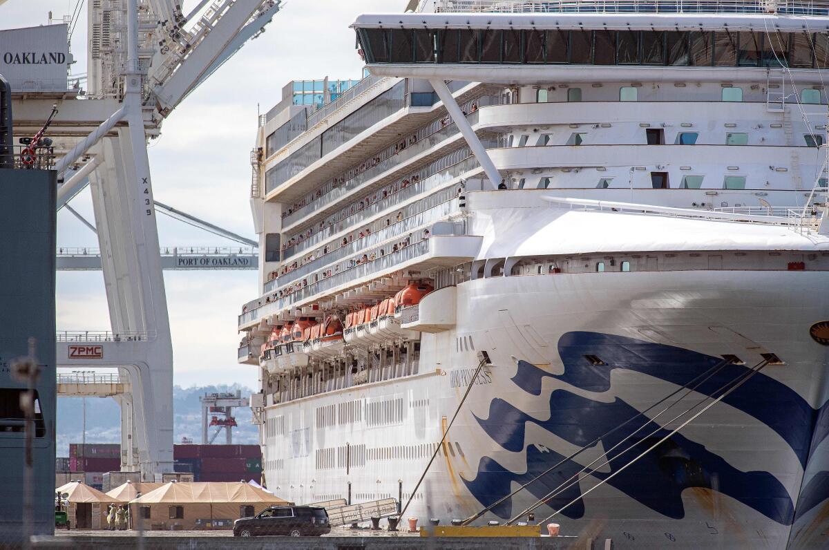 The Grand Princess cruise ship docked in Oakland 