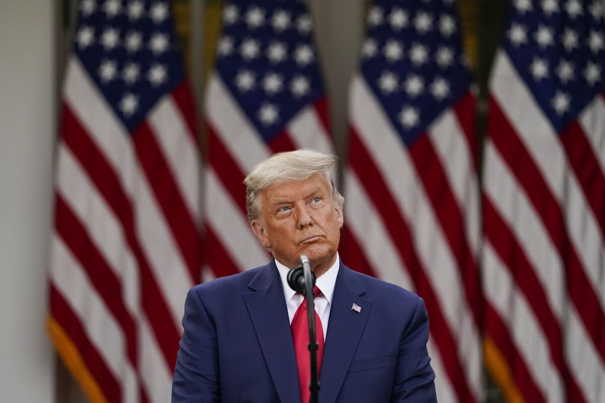 FILE - In this Nov. 13, 2020, file photo President Donald Trump speaks in the Rose Garden of the White House in Washington. (AP Photo/Evan Vucci, File)