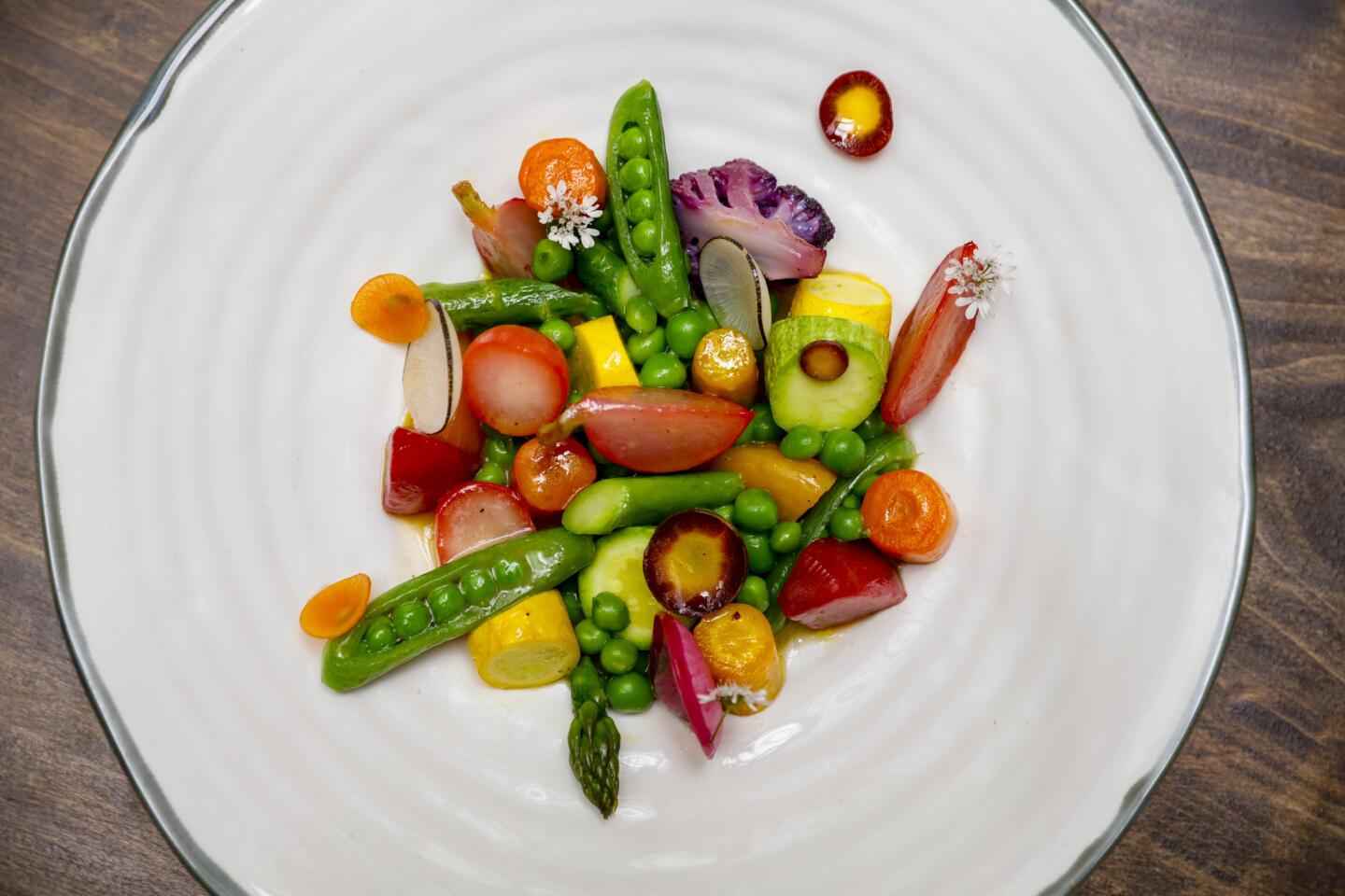 Legumes de Saison, roasted, braised, steamed and raw seasonal vegetables.