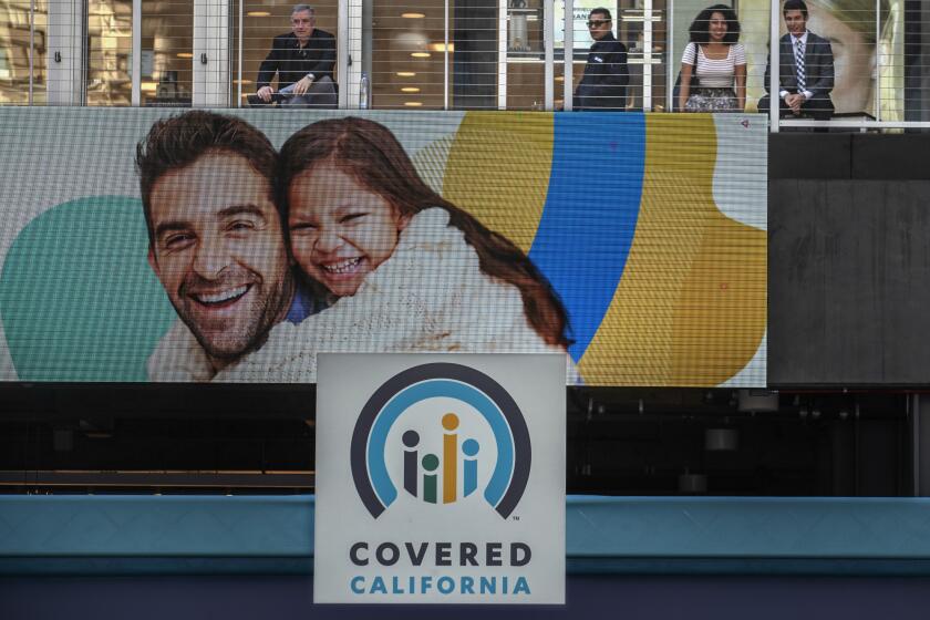 LOS ANGELES, CA-NOVEMBER 4, 2019: Banners promoting Covered California are displayed during a Covered California Open Enrollment Kickoff Event at The Bloc in downtown Los Angeles. The event was held to help raise awareness among Angelenos that part of living a healthy and active lifestyle is to have affordable, quality health coverage. (Mel Melcon/Los Angeles Times)