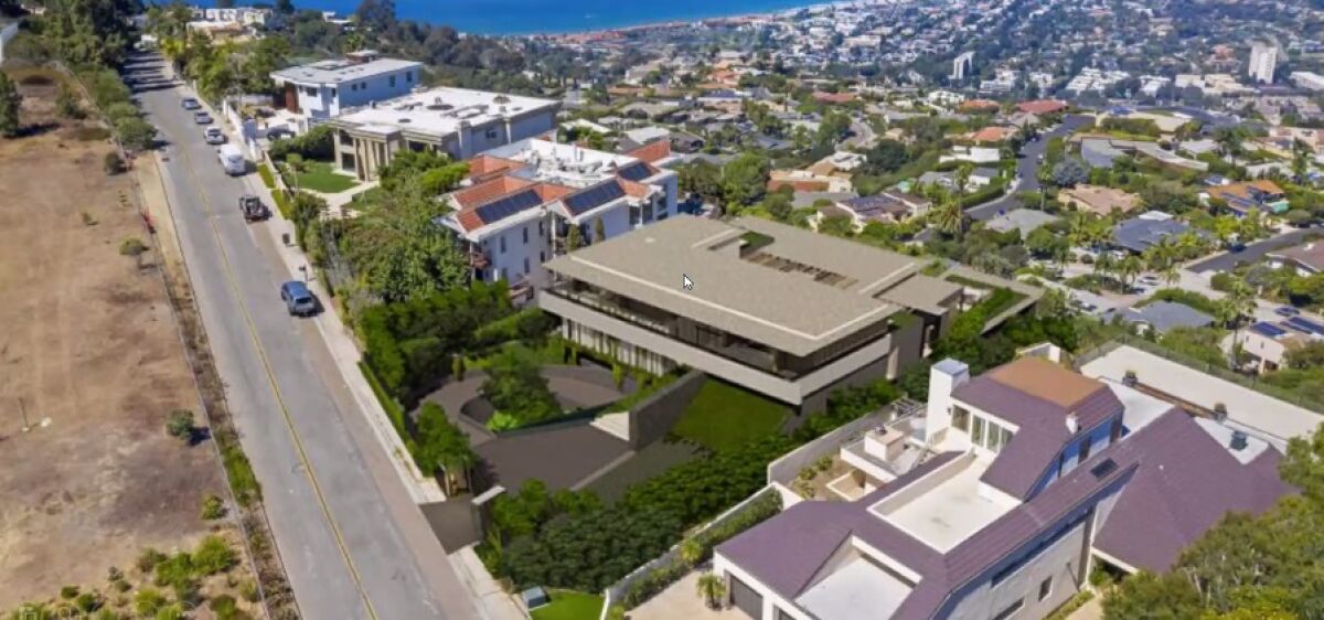 A rendering shows a 16,251-square-foot, two-story house planned for what is currently a vacant lot at 2072 Via Casa Alta.