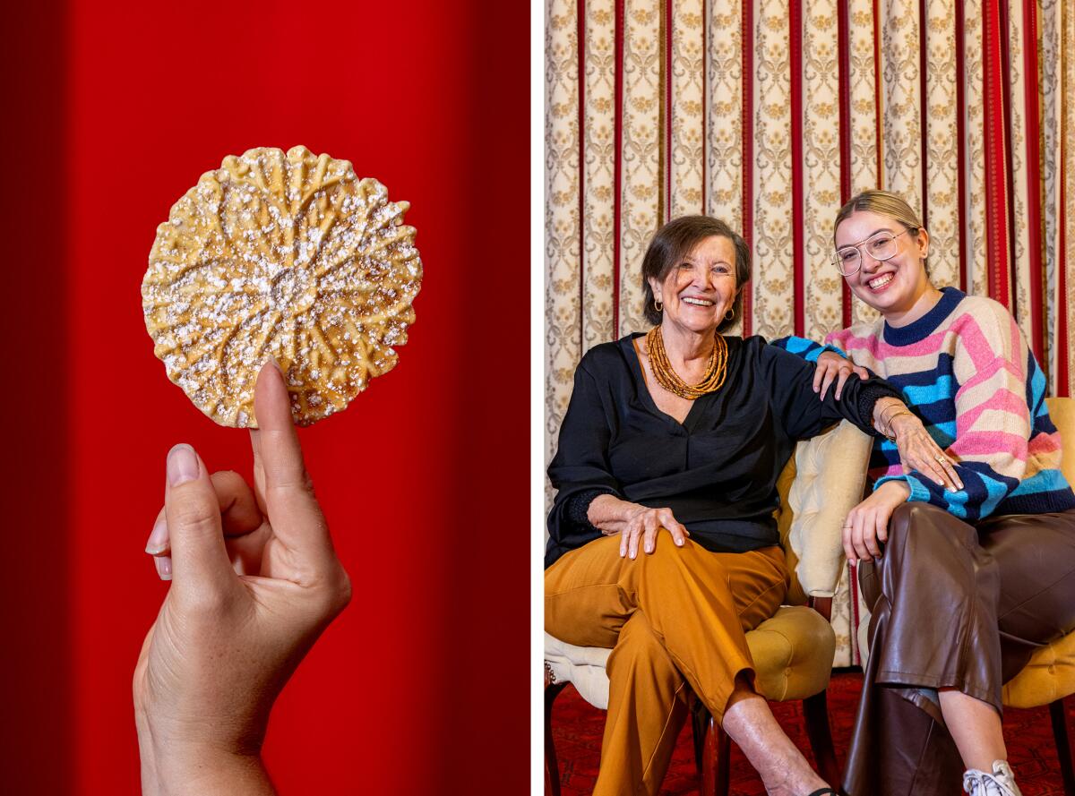 A thin and crispy Italian pizzelle cookie, left, from Lupe Del Rivo, right, pictured with her granddaughter Cici Del Rivo.