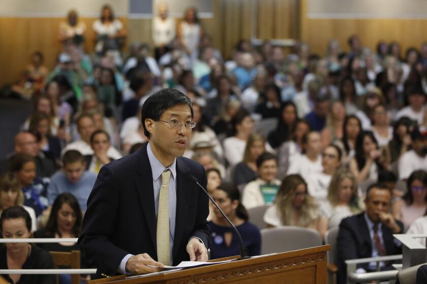 State Sen. Dr. Richard Pan, D-Sacramento, urges lawmakers to approve his proposal to give state public health officials instead of local doctors the power to decide which children can skip their shots before attending school, at the Capitol Wednesday, April 24, 2019, in Sacramento, Calif. Pan, a pediatrician, said his legislation would give state health officials the tools they need to prevent outbreaks of vaccine-preventable diseases like measles. (AP Photo/Rich Pedroncelli)