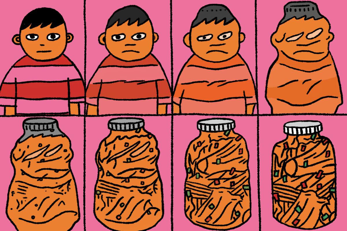 Illustration of a boy turning into a jar of kimchi.