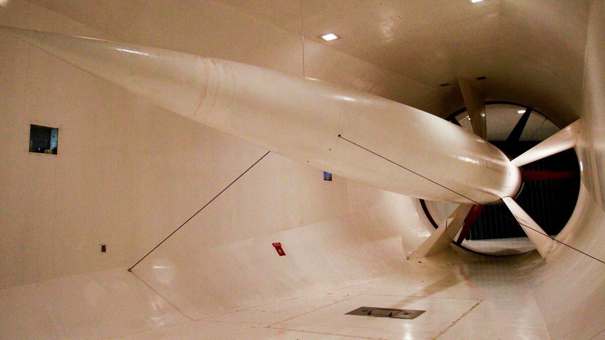 The return room, also known as the fan room, at the San Diego Air and Space Technology Center's low-speed wind tunnel.