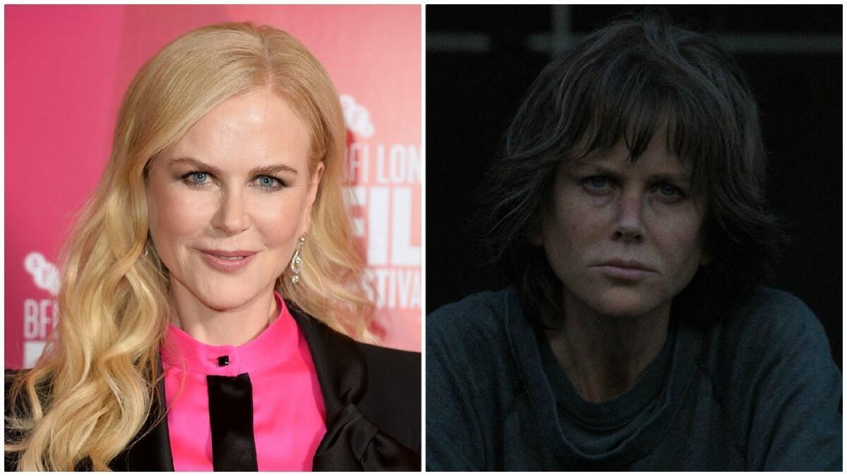 Nicole Kidman en la alfombra roja, a la izquierda, y en “Destroyer”.