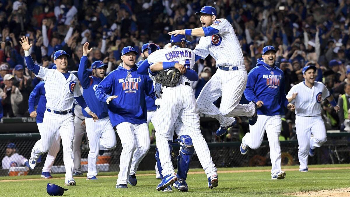 The Cubs celebrate after their Game 6 victory over the Dodgers in Game 6 of the National League Championship Series on Oct. 22.