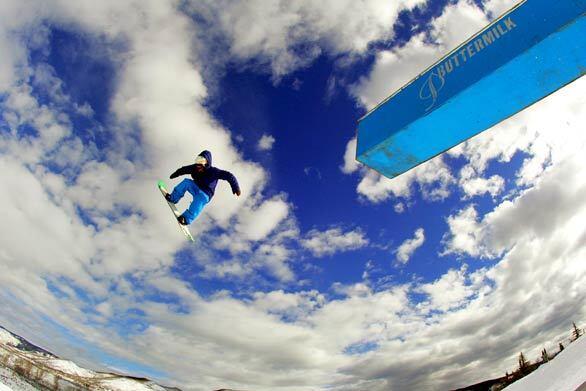 Kevin Pearce of Norwich, Vt., launches in the air during a practice run at the Winter X Games 13 at Buttermilk Ski Area near Aspen, Colo.