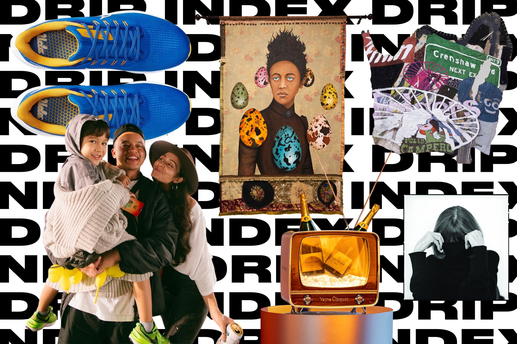 A collage shows blue sneakers, a family, two bottles of Champagne and artwork in front of a background reading "Drip Index."