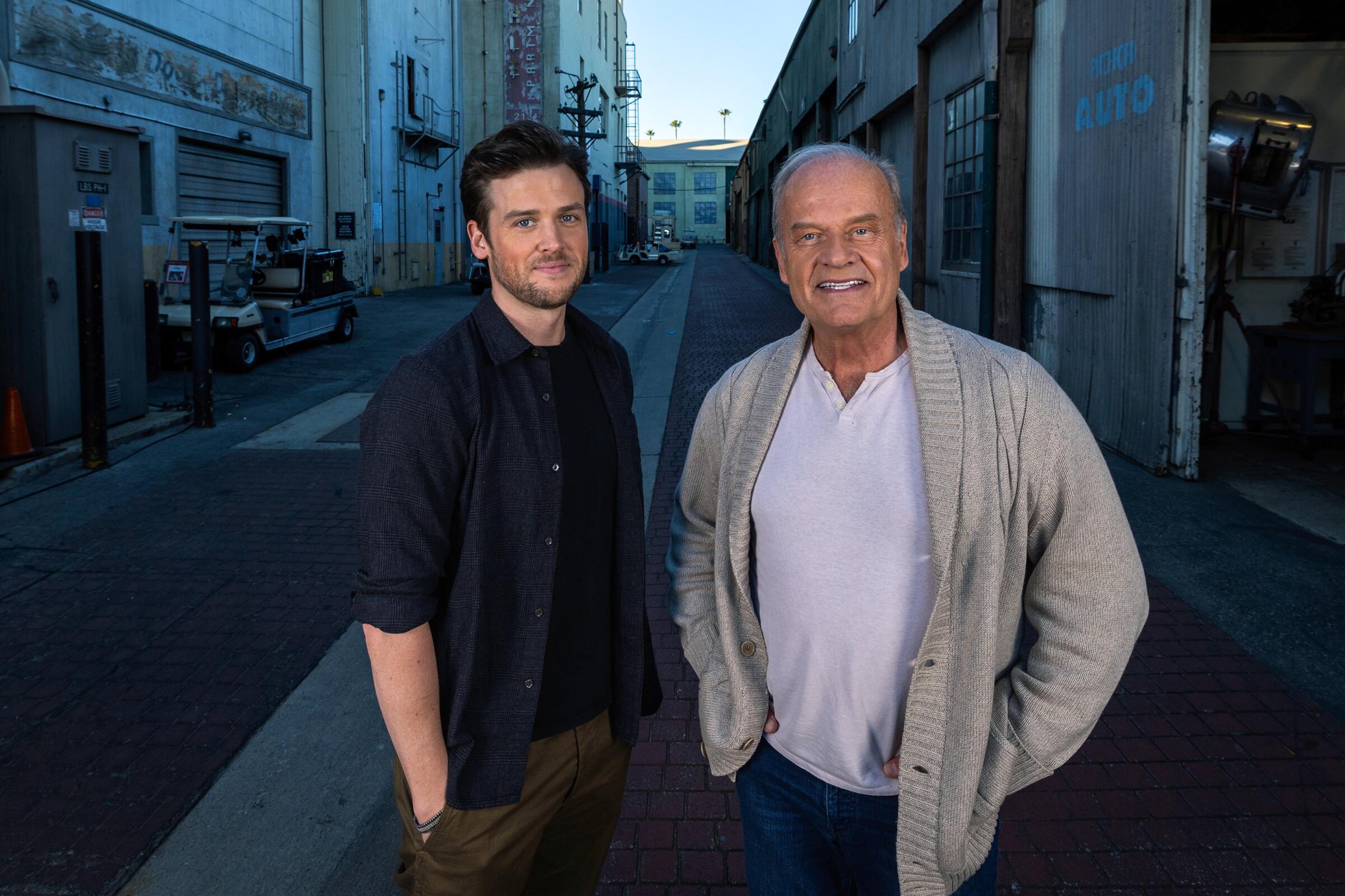 Jack Cutmore-Scott, left, and Kelsey Grammer, standing in the alley on the Paramount Studios lot. 