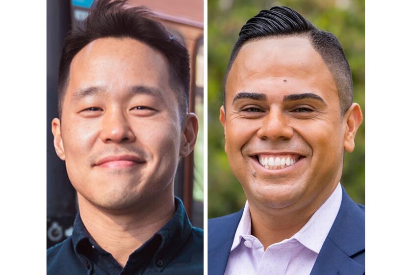 From left, California's Assembly District 54 race candidates John Yi and Mark Gonzalez.