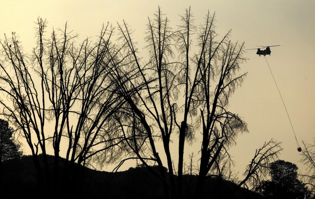 A helicopter flies by charred trees as it prepares to drop a load of water on the Rocky fire, which, by Tuesday, had grown to 67,000 acres.