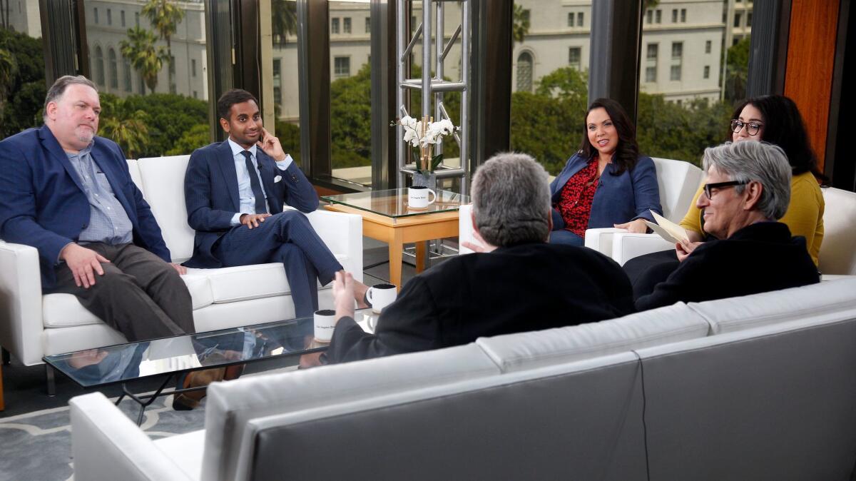 Bruce Miller ("Handmaid's Tale"), Aziz Ansari ("Master of None"), Gloria Calderon Kellett ("One Day at a Time"), L.A. Times writer Yvonne Villarreal, Peter Gould ("Better Call Saul") and David Mandel ("Veep") with back turned. (Kirk McKoy / Los Angeles Times)