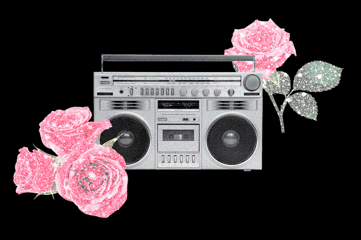 A GIF of a radio, music notes and sparkly roses.