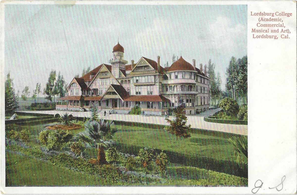 The Lordsburg College building, set in lush surrounds