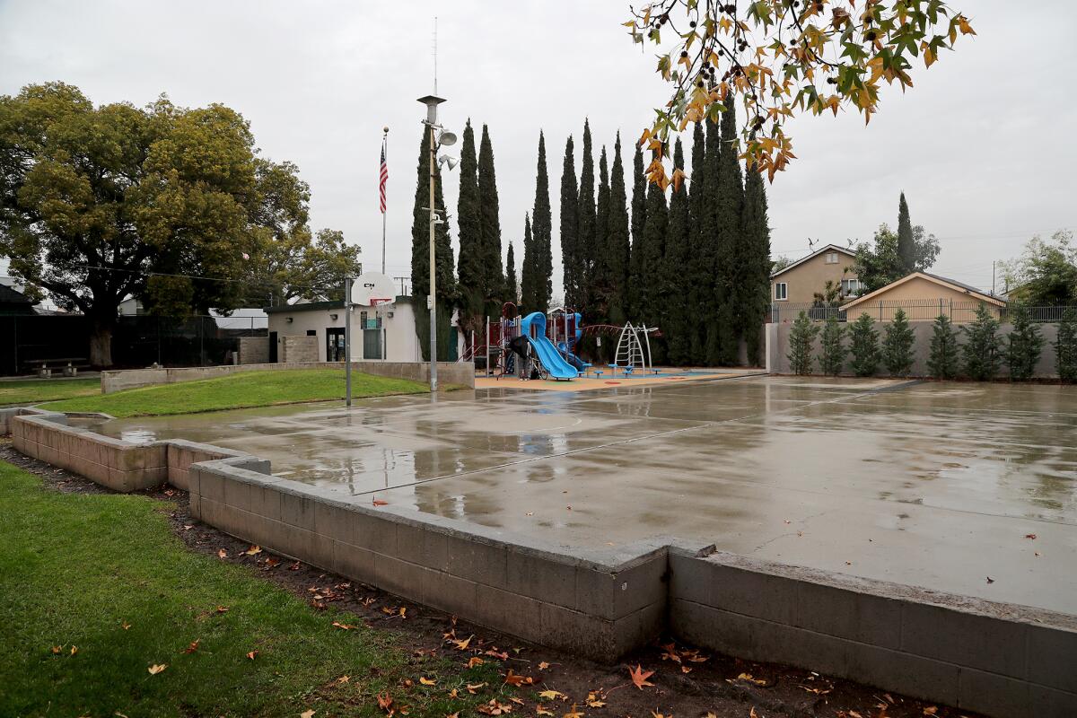 Rain falls on Chepa's Park in Santa Ana.