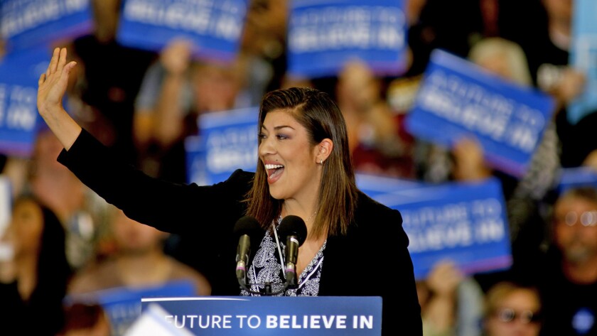 Democratic candidate Lucy Flores speaks at a Bernie Sanders event in Las Vegas in February 2016.