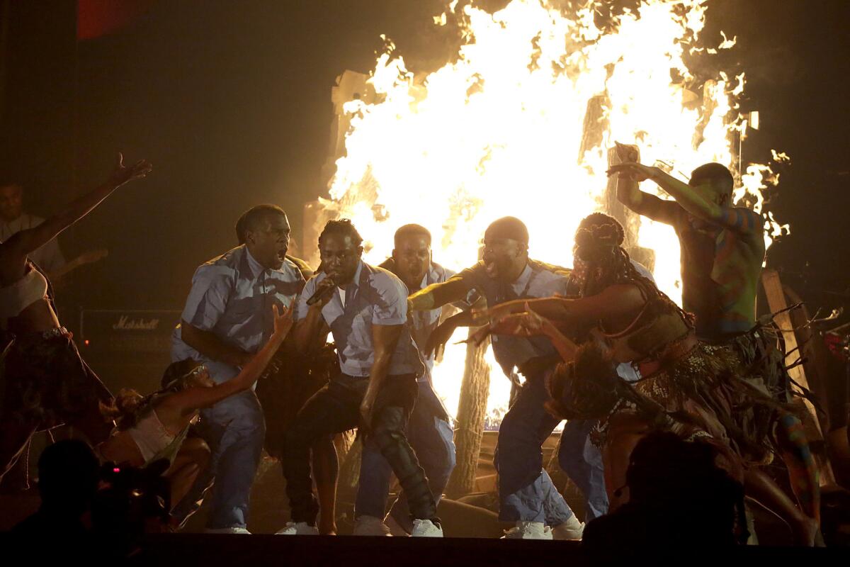 Kendrick Lamar performs at the Grammy Awards at Staples Center on Feb. 15.