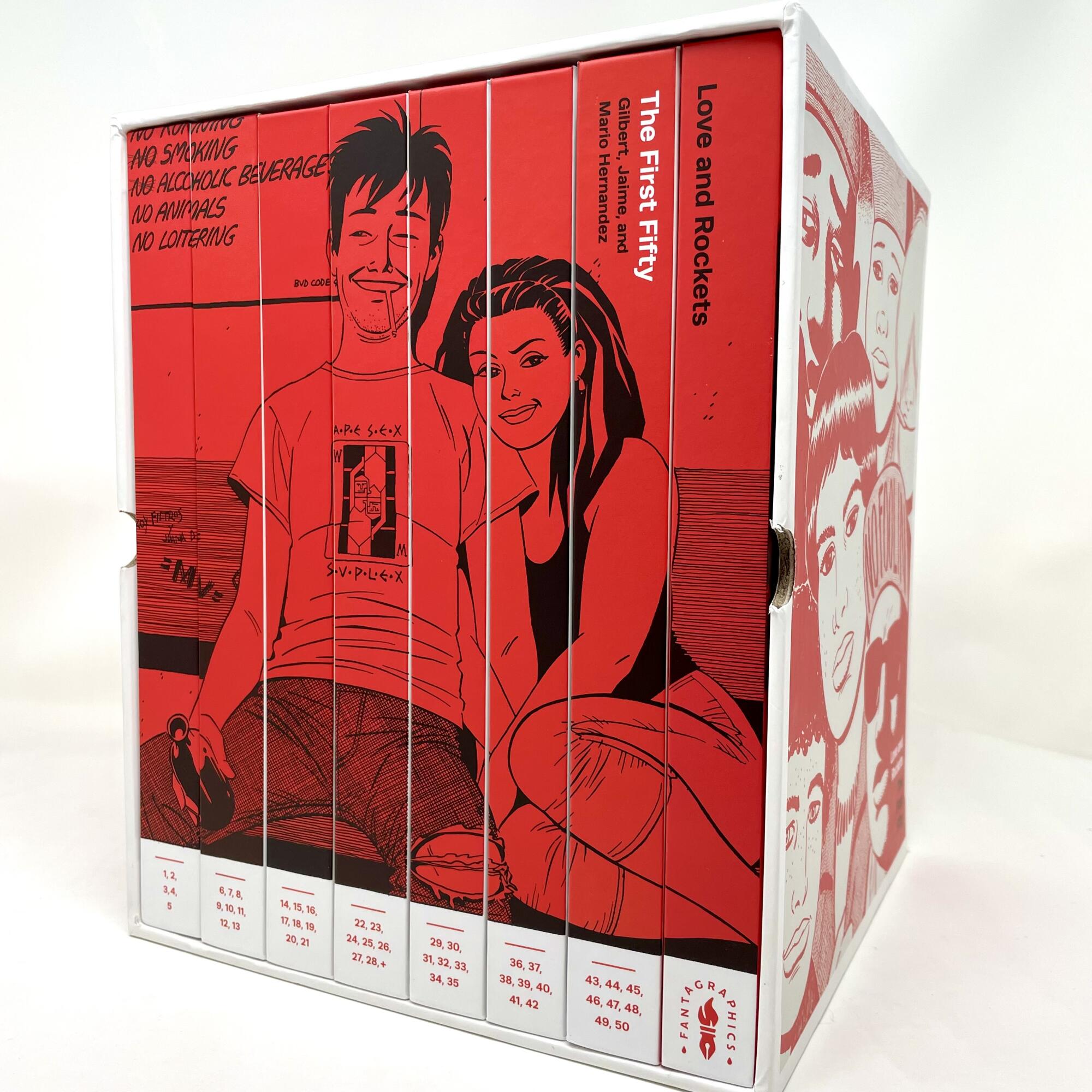 Eight hardback volumes are seen in a monochromatic red/ white slip case that features Maggie and Ray of "Love & Rockets"