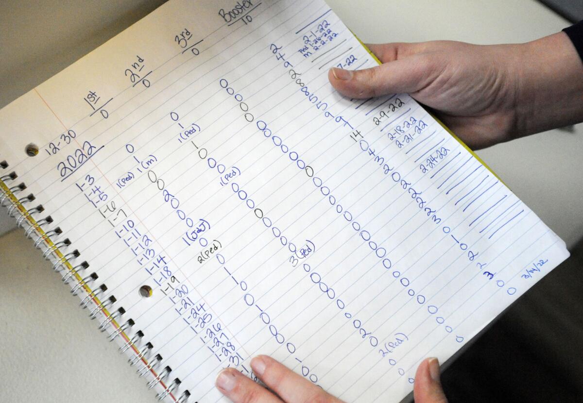 A log that shows how few COVID-19 vaccinations have been given at the Marion County Health Department in Hamilton, Ala.