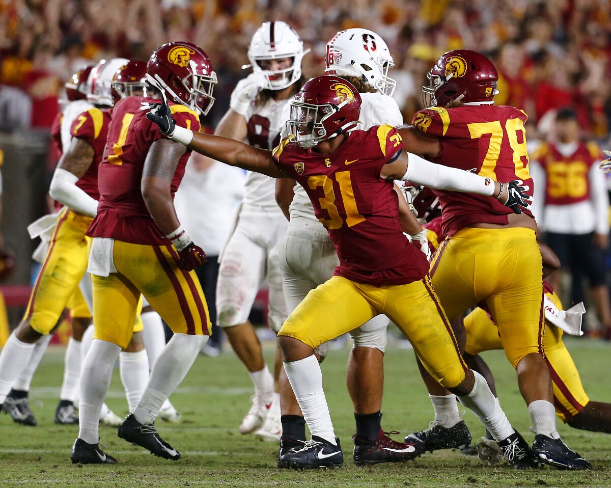 Hunter Echols and USC had plenty to celebrate during a 45-20 defeat of Stanford on Sept. 7, 2019.