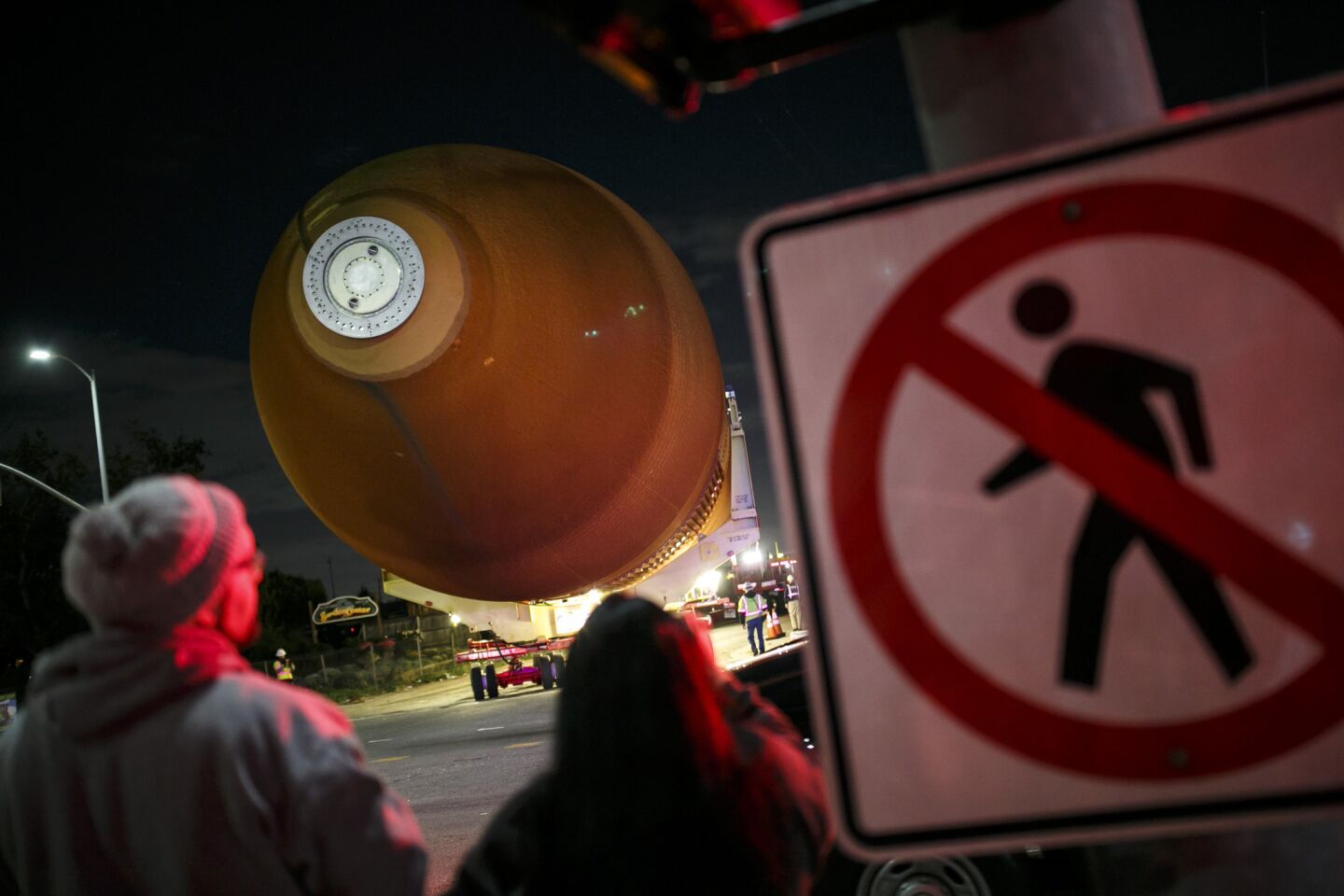 ET-94, the last space shuttle fuel tank, travels along Los Angeles city streets to the California Science Center in Exposition Park.