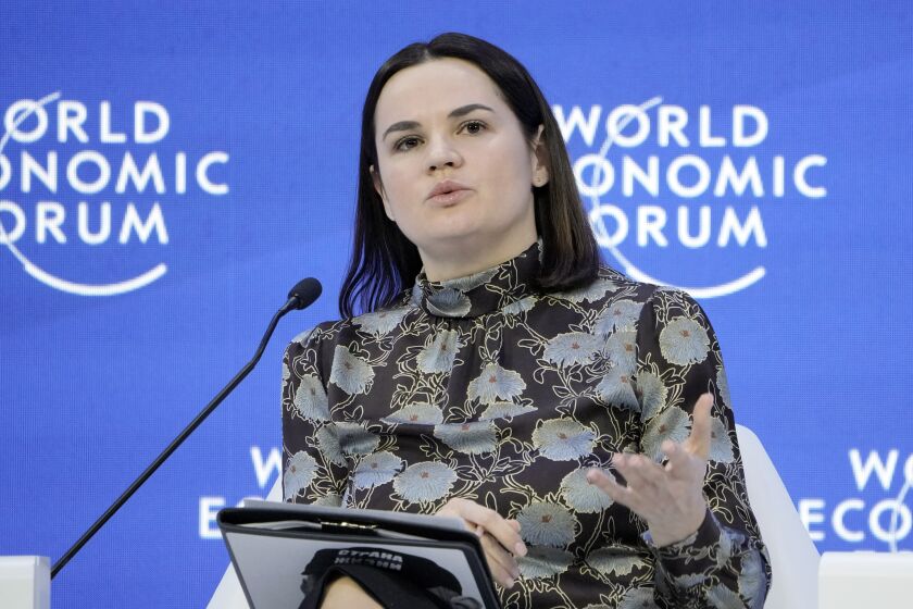FILE - Sviatlana Tsikhanouskaya, leader of the Democratic Forces of Belarus, speaks at the World Economic Forum in Davos, Switzerland on Jan. 19, 2023. A court in Belarus on Monday March 6, 2023 sentenced exiled opposition leader Tsikhanouskaya to 15 years in prison after a trial in absentia on charges including conspiring to overthrow the government. (AP Photo/Markus Schreiber, File)
