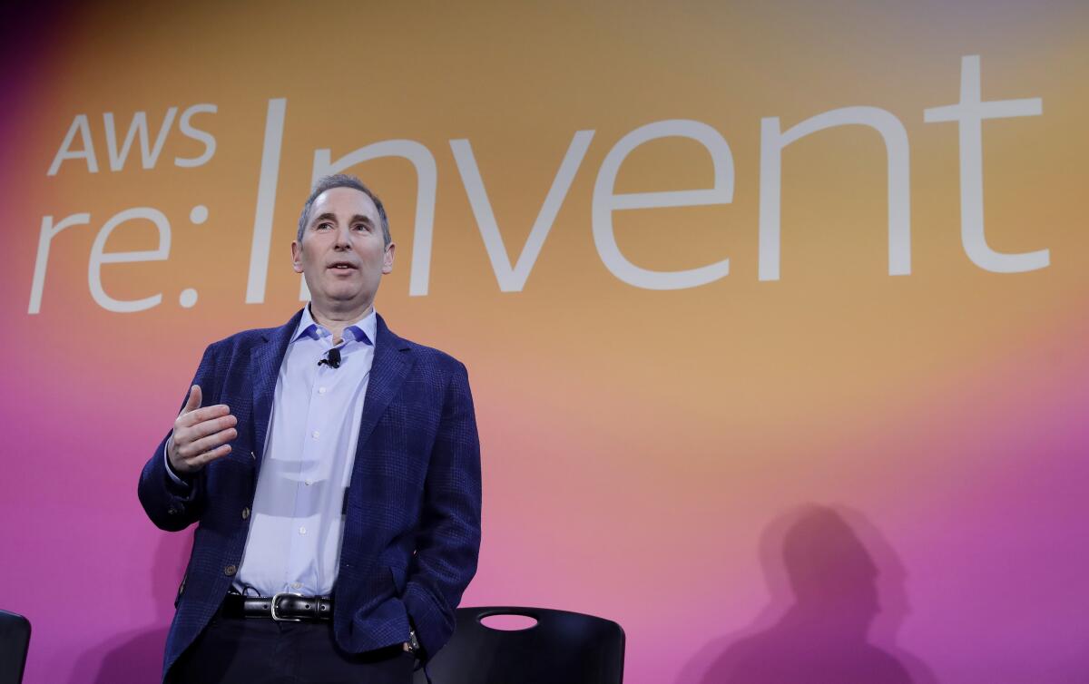 FILE - AWS CEO Andy Jassy discusses a new initiative with the NFL during AWS re:Invent 2019 in Las Vegas, on Dec. 5, 2019. Amazon CEO Jassy said Wednesday, Nov. 30, 2022, that the company does not have plans to stop selling the antisemitic film that gained notoriety recently after Brooklyn Nets guard Kyrie Irving tweeted out an Amazon link to it. (Isaac Brekken/AP Images for NFL, File)