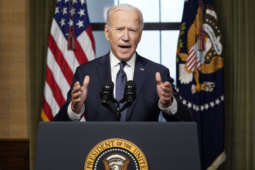 FILE - President Joe Biden speaks from the Treaty Room in the White House on April 14, 2021, about the withdrawal of the remainder of U.S. troops from Afghanistan. (AP Photo/Andrew Harnik, Pool, File)
