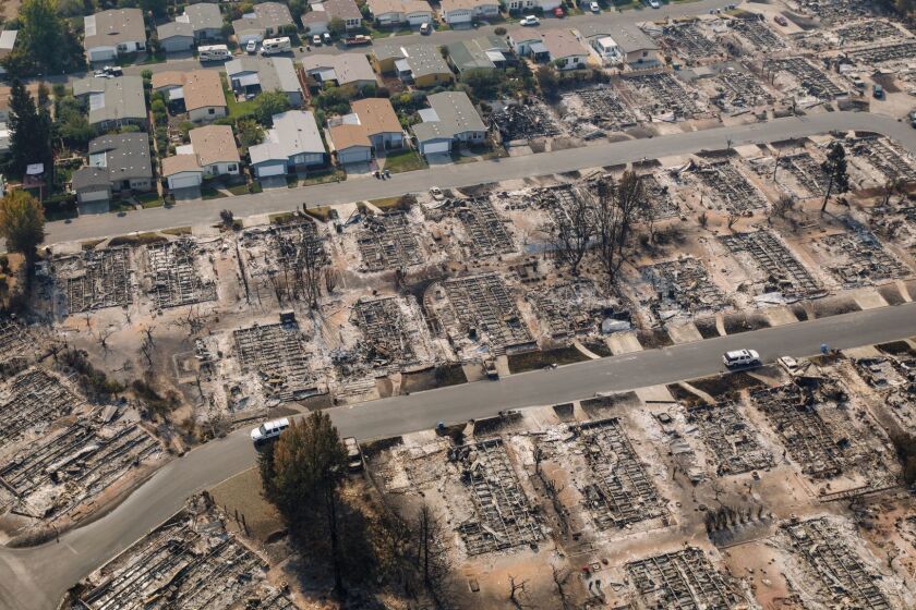 SANTA ROSA, CALIF. -- WEDNESDAY, OCTOBER 11, 2017: Some houses burned and some did not. Aerial view of the damage caused by wildfire that destroyed the Coffey Park neighborhood in Santa Rosa, Calif., on Oct. 11, 2017. (Marcus Yam / Los Angeles Times)
